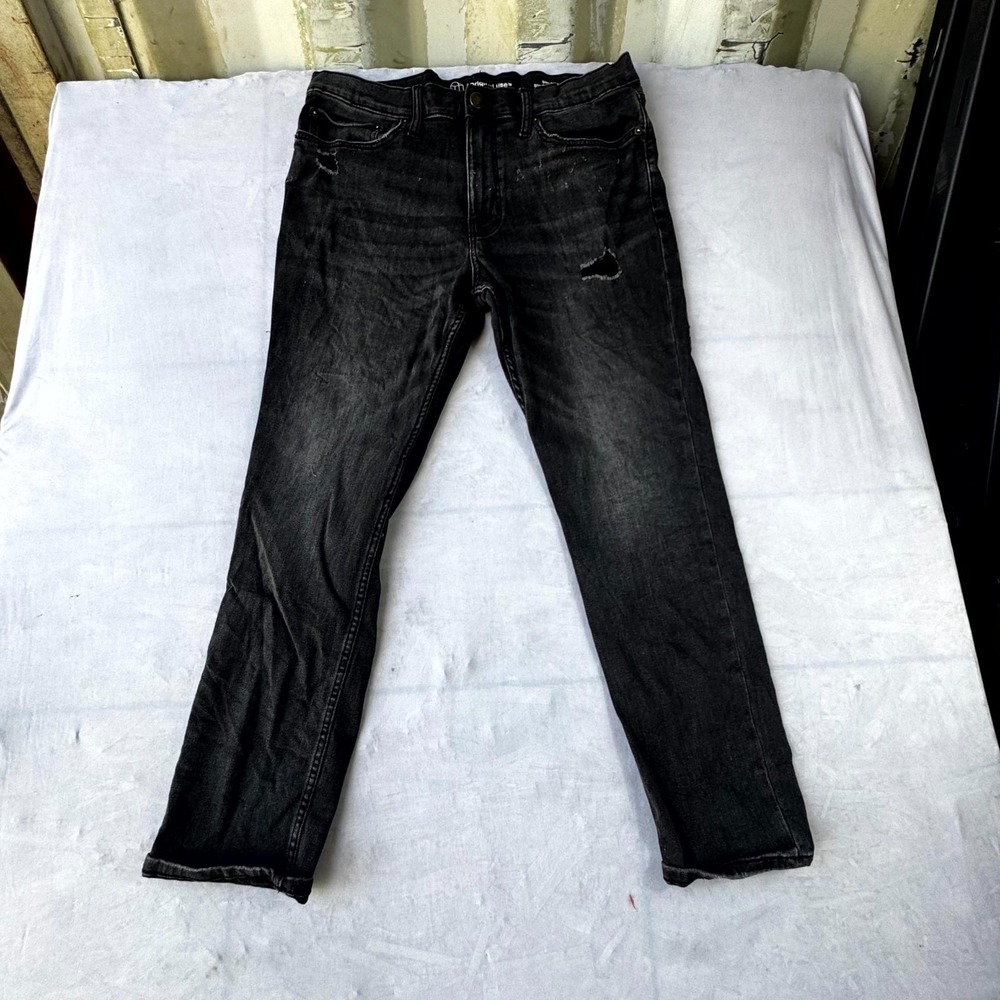 Original Use Slim Taper Jeans Mens 36x30 Black Whiskering Denim Logo Dark Wash